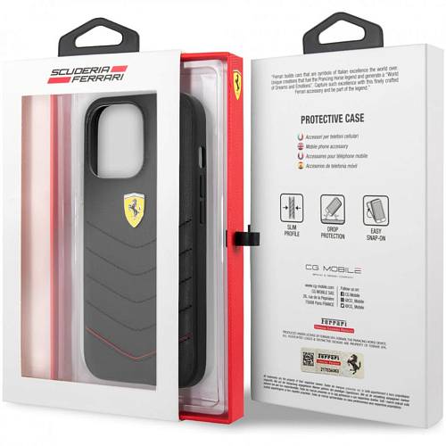 Чехол для смартфона Ferrari GENUINE LEATHER QUILTED & RED EDGE для iPhone 13 Pro, черный