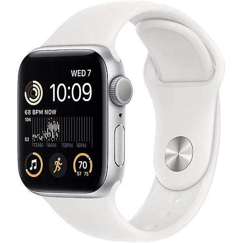 Apple Watch SE (2-е поколение), 44 мм, алюминий серебристого цвета, спортивный ремешок белый, M/L