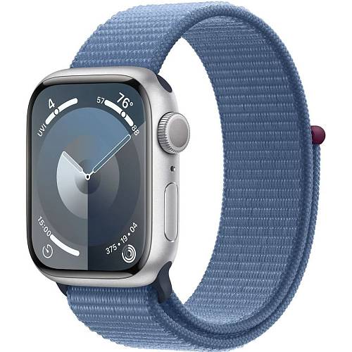 Apple Watch Series 9, 41 мм, корпус из алюминия серебристого цвета, плетеный ремешок синего цвета