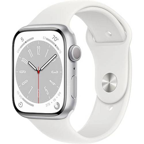 Apple Watch Series 8, 45 мм, корпус из алюминия серебристого цвета, ремешок серебристого цвета, S/M