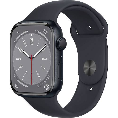 Apple Watch Series 8, 45 мм, корпус из алюминия цвета «тёмная ночь», ремешок черного цвета, S/M
