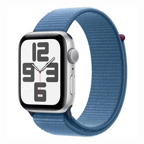 Apple Watch SE (2-е поколение 2023), 40 мм, алюминий серебристого цвета, тканевый ремешок синий