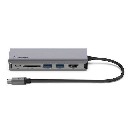 Адаптер Belkin 6в1 USB-C/HDMI, 2xUSB A, USB C, SD, Ethernet port, 100Вт, серый