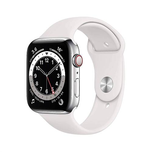 Apple Watch Series 6 GPS + Cellular, 44 мм, сталь серебристого цвета, спортивный ремешок белый