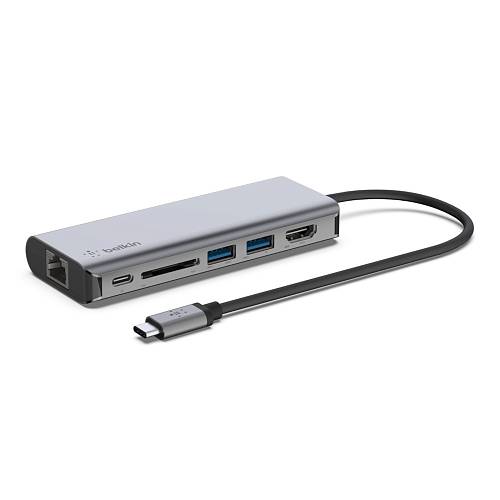 Адаптер Belkin 6в1 USB-C/HDMI, 2xUSB A, USB C, SD, Ethernet port, 100Вт, серый