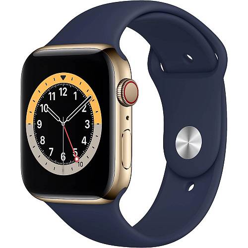 Apple Watch Series 6 GPS + Cellular, 44 мм, сталь золотого цвета, спортивный ремешок синий