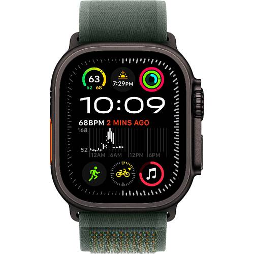 Apple Watch Ultra 2 (2024), 49 мм, корпус цвета «титановый черный», зеленый ремешок Trail, M/L