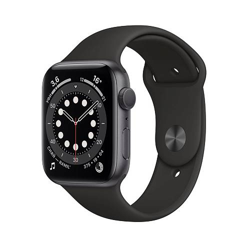 Apple Watch Series 6, 44 мм, алюминий цвета «серый космос», спортивный ремешок черного цвета