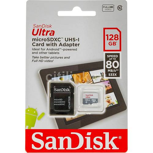 Карта памяти SanDisk Ultra microSDXC + SD Adapter 128 ГБ 80 МБ/с Class