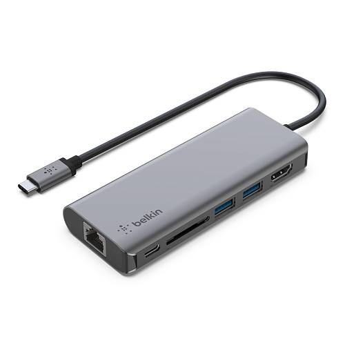 Адаптер Belkin Connect 6в1 USB-C/HDMI, 2xUSB A, USB C, SD, Ethernet port, 100Вт, серый