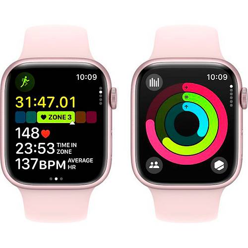 Apple Watch Series 9, 45 мм, корпус из алюминия розового цвета, спортивный ремешок, S/M
